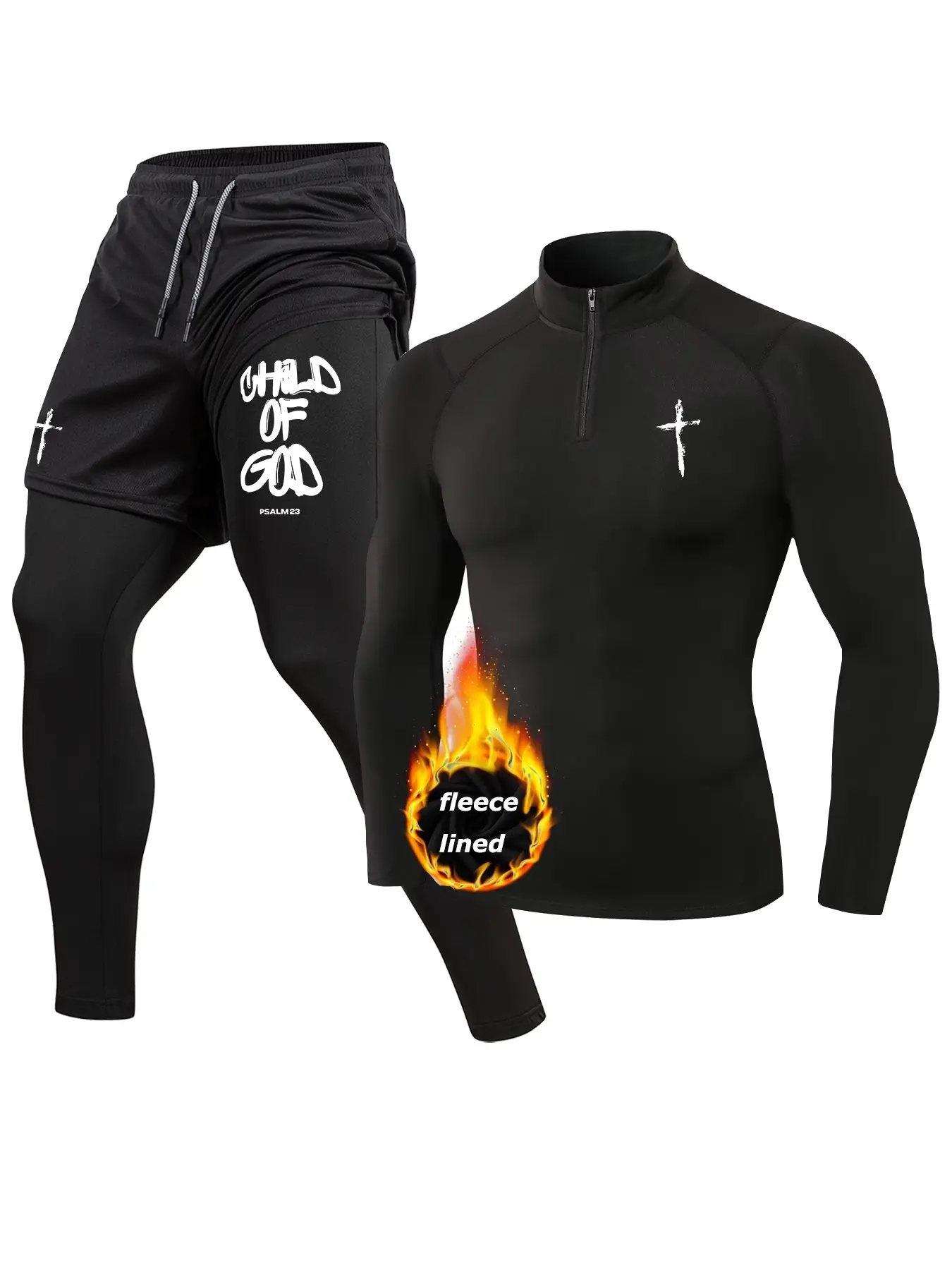 Cross Psalm23 Letter Print Fall Winter Workout Running Athletic 2 Pieces Set for Men, Thermal Warm Fleece Lined Baselayer, Zippered Mock Neck Long Sleeve Compression Shirt, Quick Dry 2-in-1 Leggings Pants with Phone Pocket, Towel Loop, Zipper Pocket