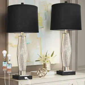 Set of 2 Tall Table Lamps with 3 Color Temperatures, Dual USB A+C Charging Ports, Black Drum Shade and Glass Metal Base, 28 x 13 x 13 in