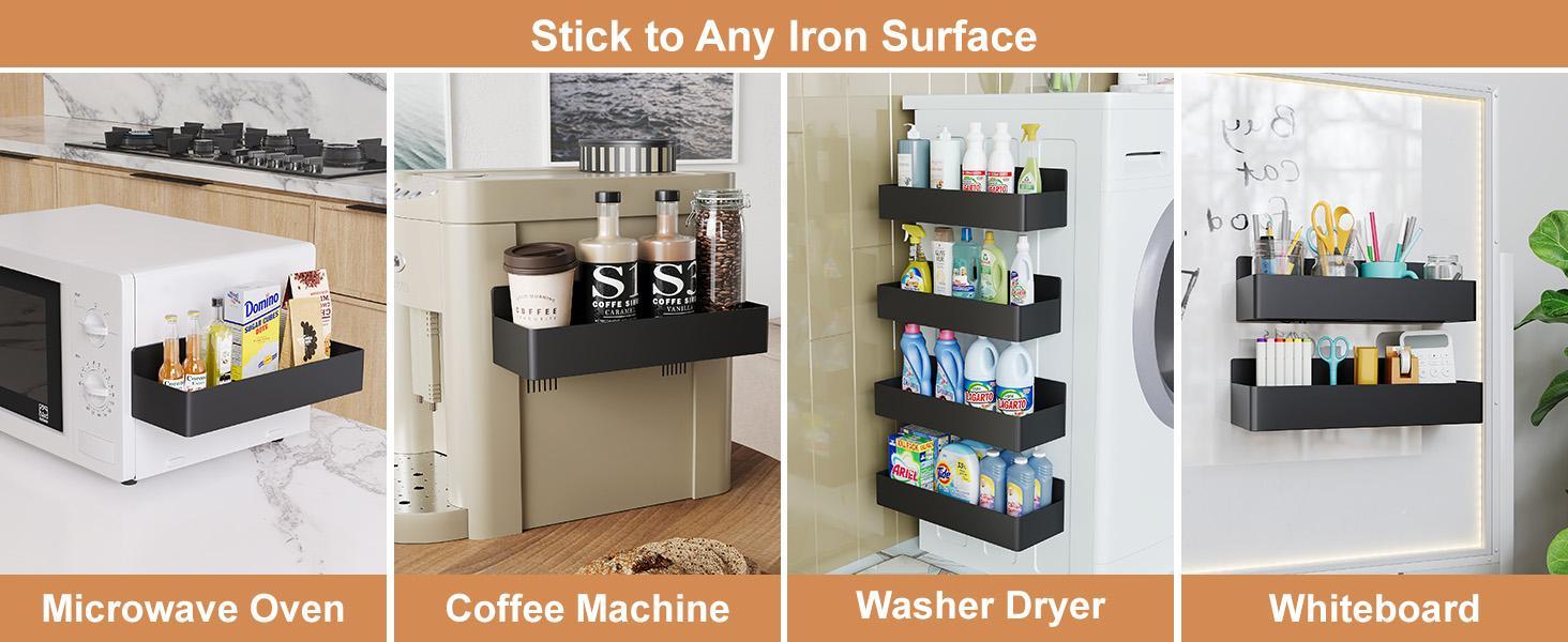 2 Pack-4 Pack Strong Magnetic Spice Rack Organizer for Refrigerator & Oven, Black Space-Saving Fridge Storage Shelf, No Drilling Kitchen Organizer for Spices, Jars and Seasonings