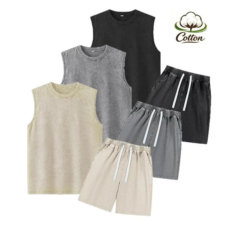 Men’s summer vintage washed 100% cotton two- set: loose, breathable sleeveless tank top + elastic-waist shorts; soft and skin-friendly—casual streetwear athletic outfit for everyday wear.  Sportswear men's 2 piece short set