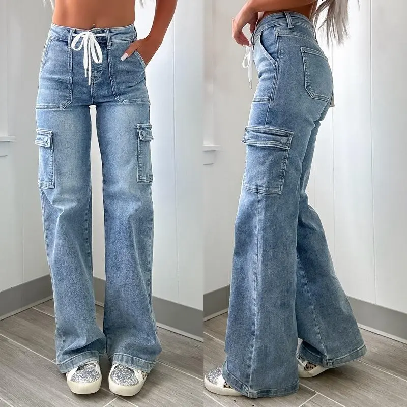 Maomous New Streetwear Lady's Fitted Plain Denim Trousers - Laced, Multi-Pocket Cargo Jeans with Button-Zip Closure for Everyday Casual Wear, Trouser, Vintage, Utility Pocket, Belt Loops, Cargo Pants Women, Comfortable, Style, Denim Blend, Cargo Pock