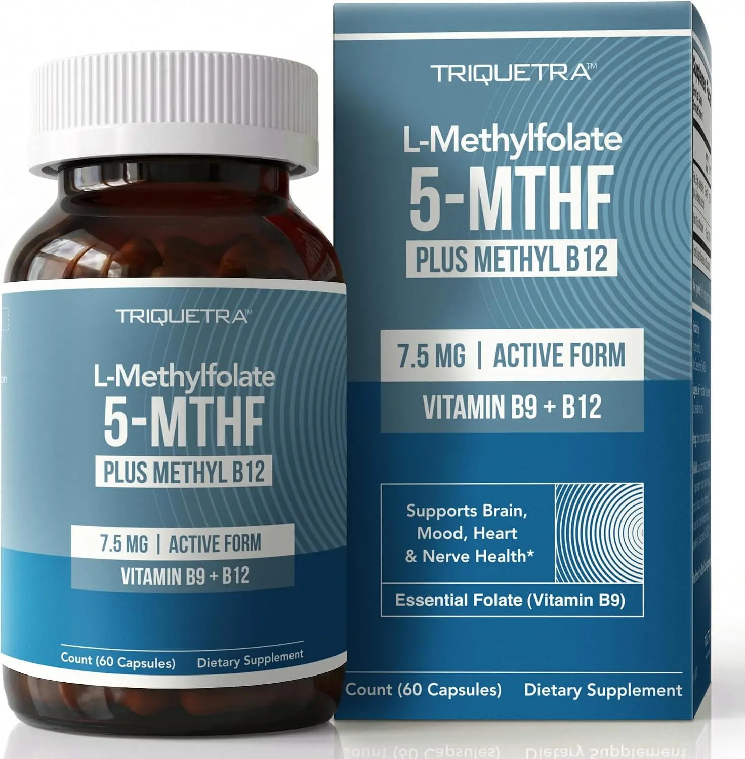 L Methylfolate 7.5mg plus Methyl B12 - Active 5-MTHF Form, MTHFR Supplement - Bloodstream Ready Methylated Folate + B12 Cofactor - Supports Mood, Homocysteine Methylation, Cognition (60 Capsules)