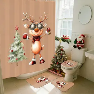 Christmas Shower Curtain Set, 4 Pcs Reindeer Bathroom Decor,  Shower Curtain with 12 Hooks, Toilet Lid Cover, Bath Mat and Accessories, Durable Bathroom Decor Set, Bathroom Decoration Accessories