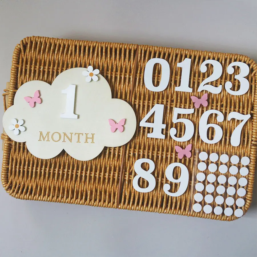 Wooden Cloud Milestone Signs Set, Mini Butterfly Flower Decorative Plaques, DIY Replaceable Numbers, Birthday Party Props, Room Decor, Decoration