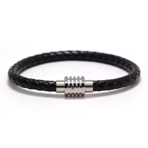 Genuine Leather Black Bracelet with Metal Clasp and Simple Design