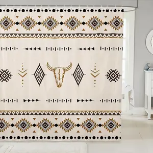 Feelyou Western Cowboy Shower Curtain Set - Multi-Size Washable Polyester Fabric, Bull Skull Hook-Equipped Bath Tub Accessories, Boho Aztec Prints & Ethnic Horns Bathroom Decor, Shower Curtain Sets