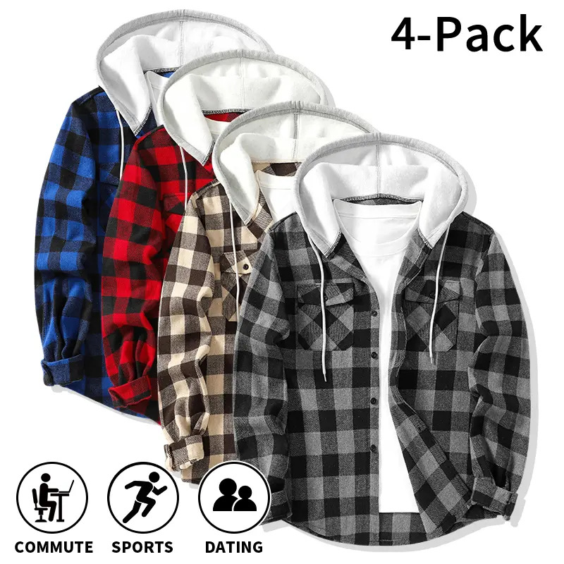 Men's Vintage Color-Block Plaid Flannel Hooded Shirts - 4-Pack/1-Pack Classic Long Sleeve Jackets, Loose Casual Drawstring Relaxed Fit Tops, Suitable for Street Photography, Commuting Menswear, Stylish, Checked, Set