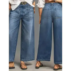A Pair of Vintage-Style High-Waisted Wide-Leg Denim Pants for Women with Stretchy Pockets, Perfect for a Fashionable Look. Can be used with raincoat