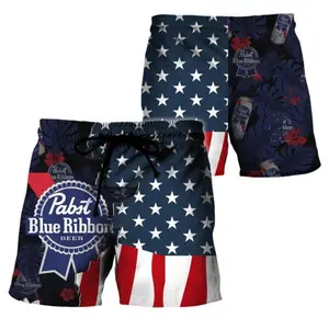 USA Tropical Flag Pabst Blue Ribbon Swim Trunks – Patriotic Beer Lover Summer Beach Shorts, American Flag Tropical Pool Party Swimwear for Men, Vacation Outfit