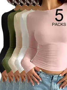 Women's 5-Pack Slim Fit Long Sleeve Crop Tops. Buttery Soft Stretchy Modal Fabric, Crew Neck Ruched Waist Basic Layering Cropped Tees | Essential Wardrobe Staple for Daily Wear & Going Out |Multi-Color Sets Available