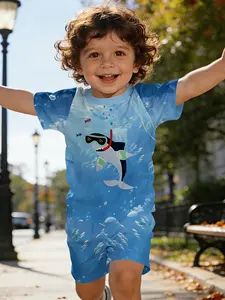 Children's short-sleeve set, outfit with digital print of cute diving baby sharks, casual kids' wear for toddlers, suitable for daily and outdoor sports T-shirts, 100% polyester, a perfect gift for infants and young kids!