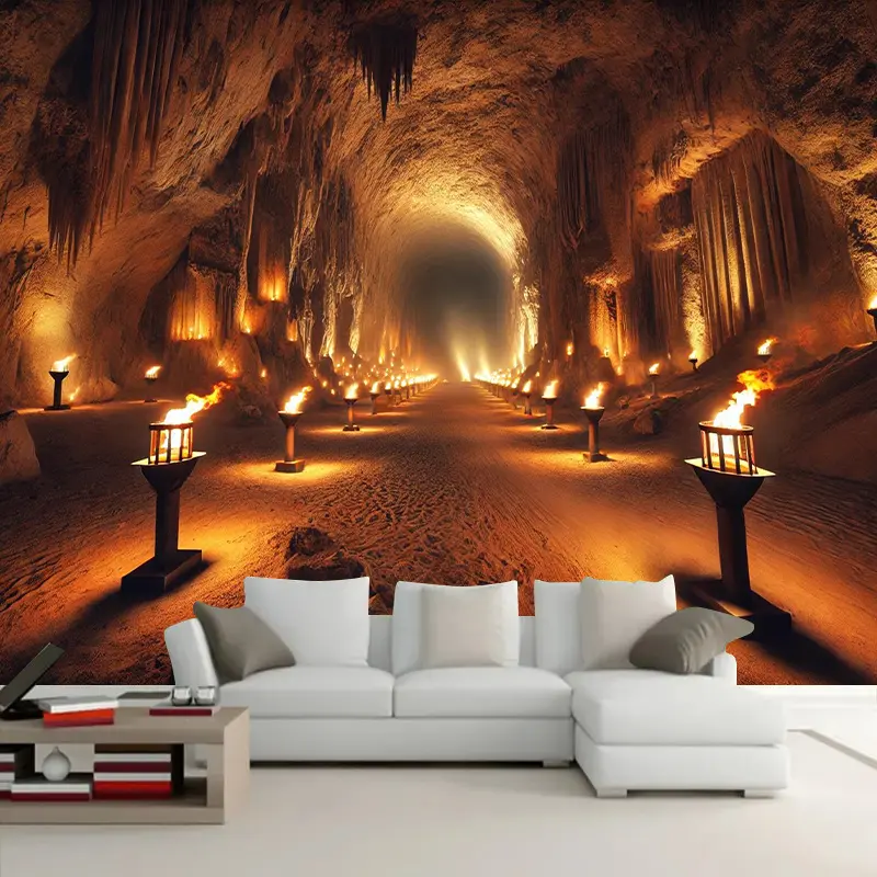 1pc Lighted Hangable Print Polyester Cave Backdrop, 243.84x182.88cm - Mysterious Flame-Lined Tunnel Design, Party Decor, Photo Booths, Wall Hangings - Ideal for Birthday Celebrations, Indoors