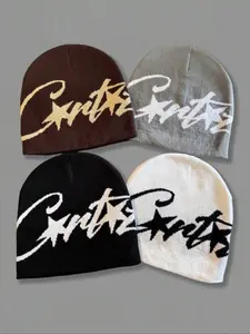 Y2K Star Knit Beanie Hat, Unisex Streetwear Party Cap, Asymmetrical Design, Fitted Style, Vintage Millennium Fashion