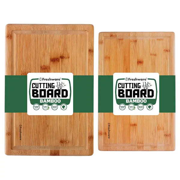 FRESHWARE Bamboo Cutting Boards [Set of 2] with Juice Groove, Oil-Ready Bamboo Material, Knife-Friendly Kitchen Chopping Boards with Handles for Meat, Vegetables, Cheese, Serving Tray, Kitchenware, Wooden Cutting Boards