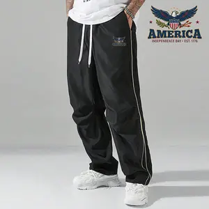 Men's Summer Loose Sports Pants - 100% Polyester, Lightweight Soft Fabric, Large Cut, Gray with Side Strips & Gold Decorative Bars, Comfortable, Mens Clothing, Athletic Bottoms, Athleisure for Gym & Everyday Activewear