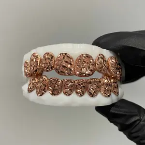 Custom Diamond Cut With Diamond Dust Solid 925 Silver Rose Gold Plated Hand Out Teeth Grillz