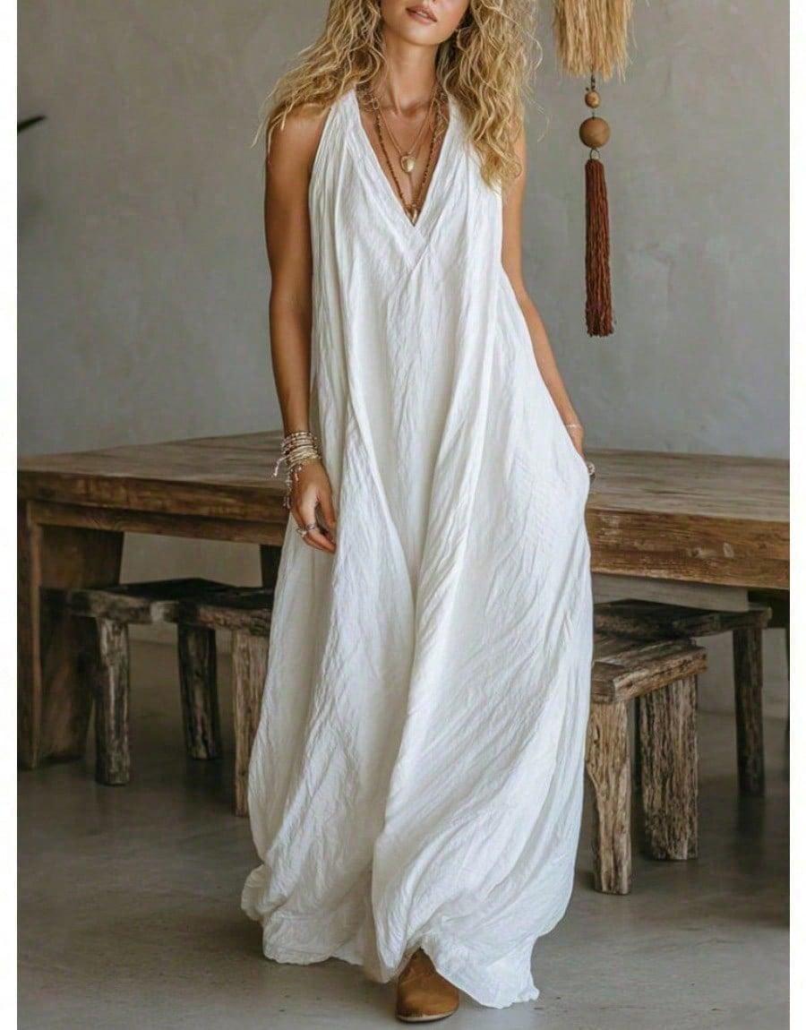2026 Long Flowy Dresses for Women Cotton Linen V Neck Dress Sleeveless Summer Beach Dress Casual Maxi Dresses for Vacation