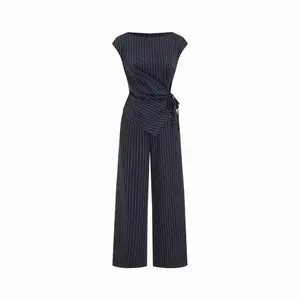Cider Collarless Striped Asymmetrical Hem Knotted Jumpsuit