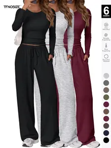 2026 Women's 2-Piece Matching Lounge Set, Long Sleeve Crop Top, Wide Leg Pants, Casual Sweatsuit, Fall & Winter, Fitted, Pockets