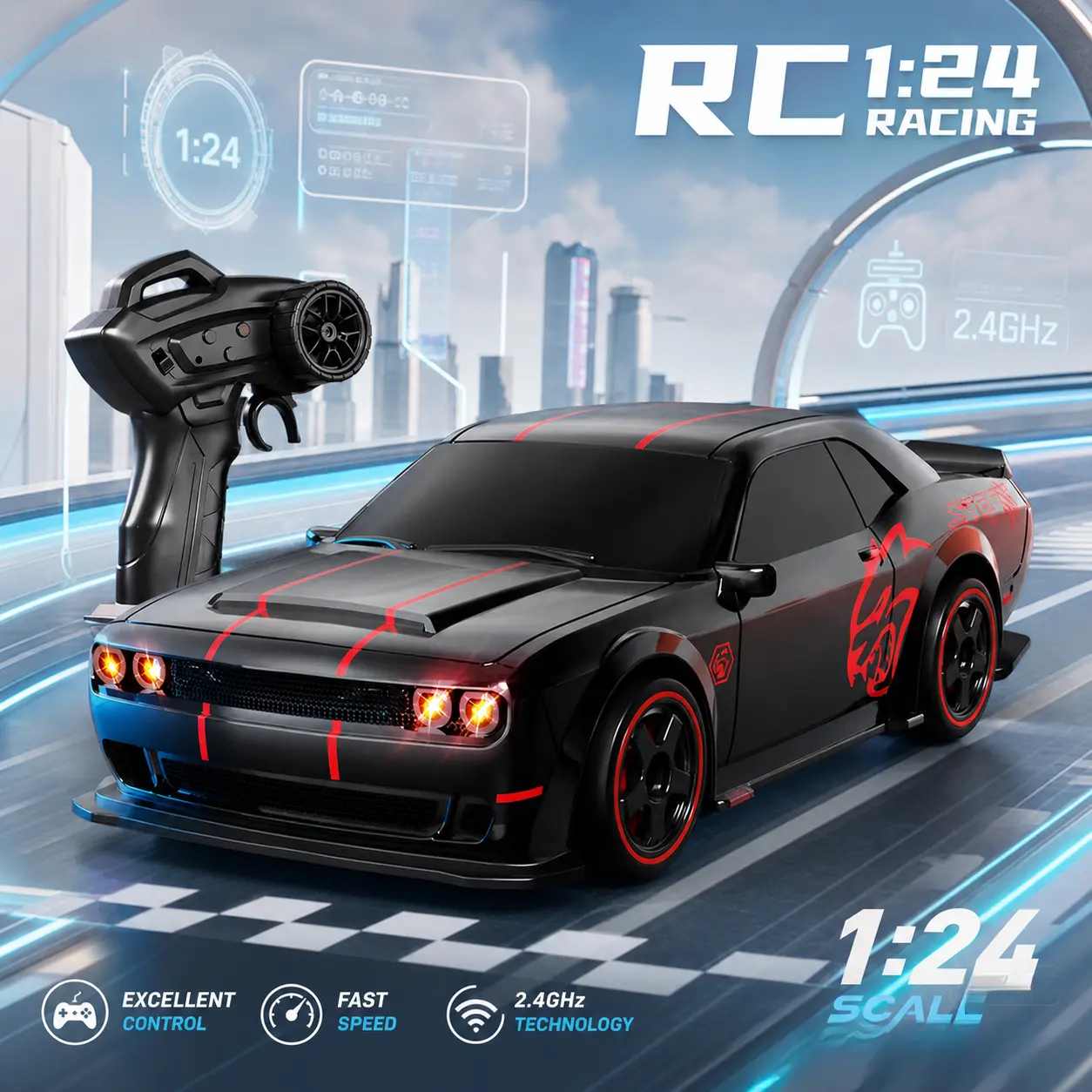 1:24 Scale 4WD Fast Speed Remote-Controlled Car - RC Cars with Cool LED Lights, Drift and Race Modes, Indoor-Outdoor Play Toy for RC Enthusiasts, Perfect Gift
