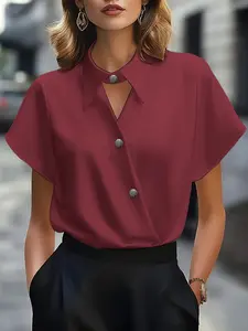 ZANZEA Women's Casual Shirt Blouse, Satin Short Sleeve Street Style, Open Front Hollow Out Top, Solid Design, Perfect for Daily Wear