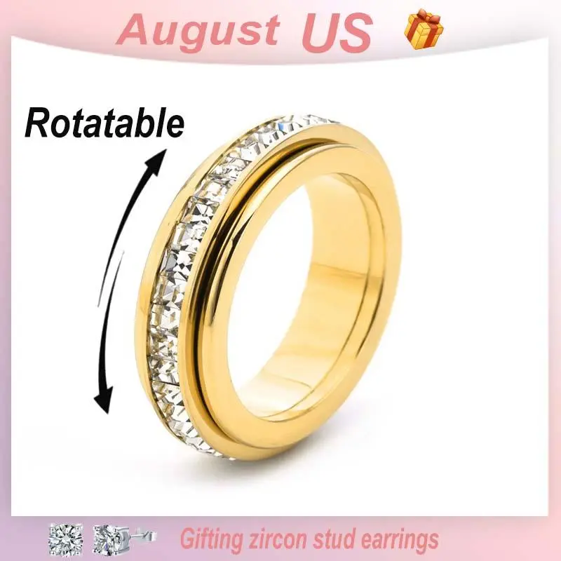 Rexviao Unisex 360-Degree Rotatable Titanium Steel Spinning Ring with Cubic Zirconia, Rotating Band, Fashionable Jewelry Accessories, Casual Glamorous Daily Wear, Anxiety Relief, Comfortable Fit, Sizes 5-12