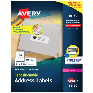 Avery Repositionable Printable Address Labels with Sure Feed, 1" x 2-5/8", White, 3,000 Blank Mailing Labels (55160)