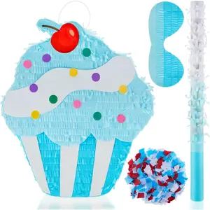 Blue Girls Large Cupcake Ice Cream Piñata with Stick Blindfold Confetti for Birthday Baby Shower Wedding Party Decor Supplies
