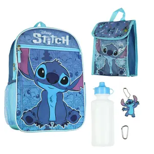 Disney Stitch Backpack 16" Shimmer Character 5 Piece Set Bookbag with Detachable Insulated Lunch Box and Rubber Charm