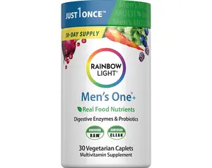 Rainbow Light Mens Multivitamin One + | 30 Caplets | Supports Energy & Antioxidant Health | with Real Food Nutrients, Digestive Enzymes & Probiotics