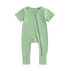 Newborn Baby Zipper Romper Pajamas, Long Sleeve Crew Neck Solid Color Footless Jumpsuit Sleepwear