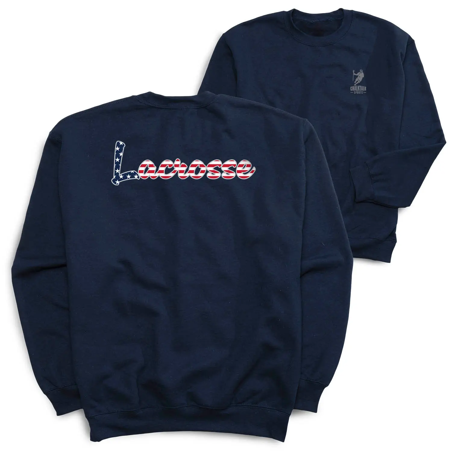Women's Long Sleeve Lacrosse Crewneck Sweatshirt - Comfortable Fleece Pullover with Patriotic Flag Stars & Stripes Graphic Back, Fit Sporty Chic Casual Everyday Statement Top