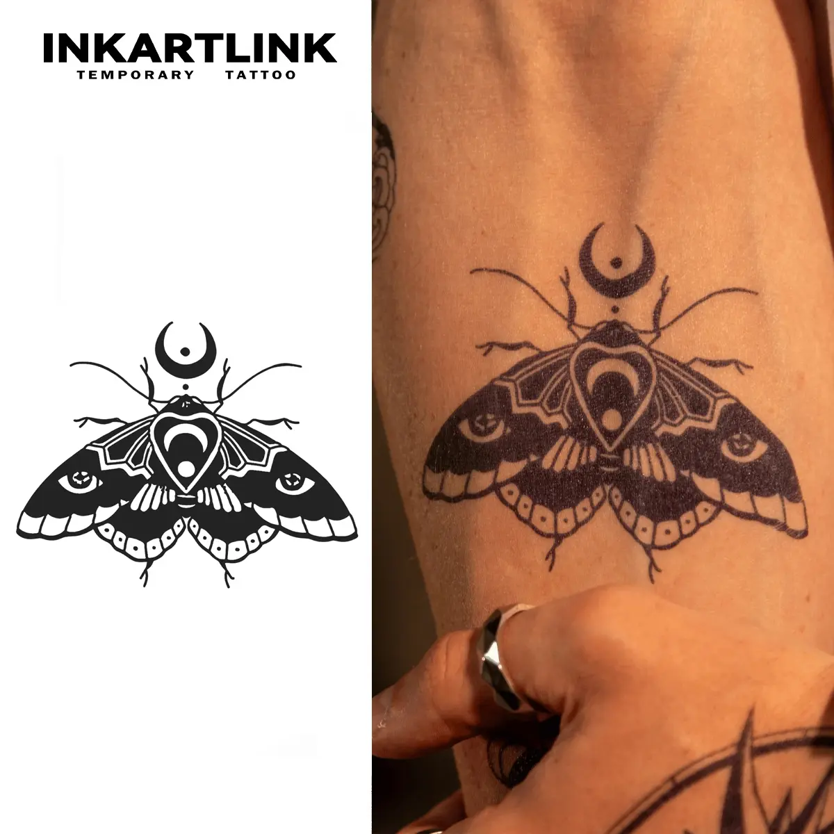 INKARTLINK Realistic Temporary Fake Tattoos, 2 Waterproof Semi-Permanent Sheets with Luna Moth Design, Lasts 1-3 Weeks for Men & Women, Temporary Fake Tattoo