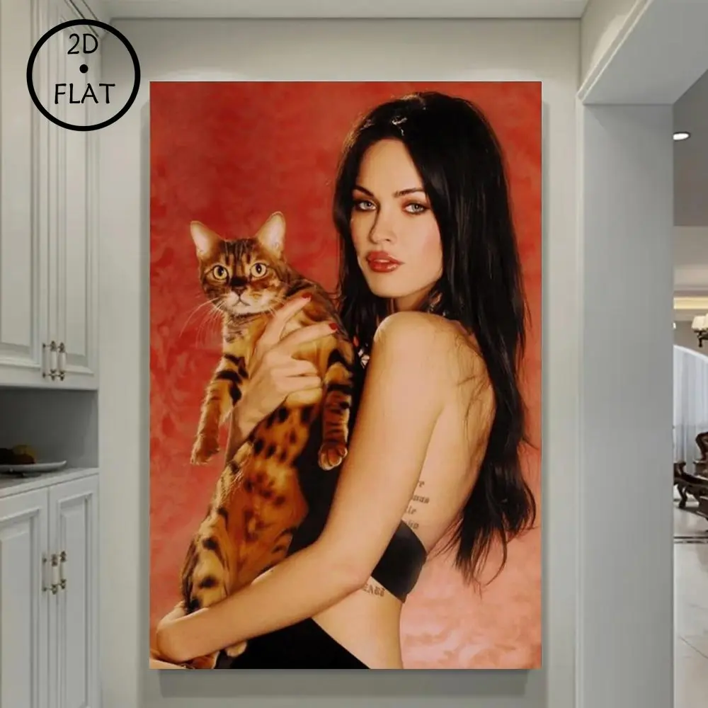 Megan Fox with Cat Poster, 90s Aesthetic Canvas Wall Art, Cute Girl Room Decor, Hot Actress Poster Art Prints Vibrant Print
