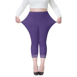 Plus Size Capris Leggings for Women，Lace Trim Stretch Crop Leggings Workout Casual Tights PantsGift