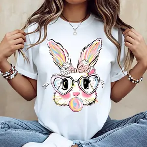 Cute Bunny Rabbit T-Shirt White Colorful Easter Bunny With Heart Glasses And Bubblegum Print For Spring And Holiday Wear