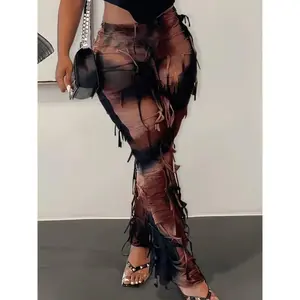 Sexy Tie-Dye Mesh Flare Pants with Fringe Detail - High Waist, Stretchy & Semi-Sheer for Women, Fashion Statement
