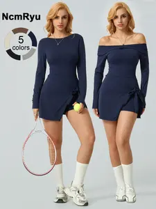 Women's Long-Sleeved Plain Mid-Shoulder Flat Back Split Lace-Up One-Piece Yoga Culottes Outdoor Sports Hiking Tennis Biking Pilates One-piece Sportswear Athletic Style Activewear Autumn new comfortable lace-up one-piece culottes