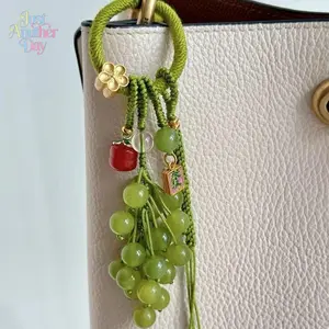 Green Grape Beaded Bag Charm, Aesthetic Summer Tassel Keychain with Red Apple Pendant, Nature Inspired Accessory for Bags, Phones & Keys