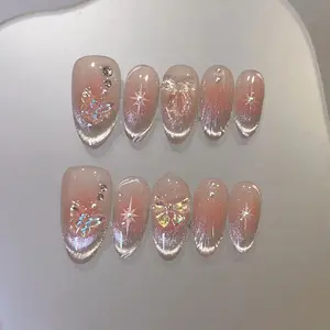 Twinkle Star Rose Gold Cat Eye Press on Nail, Galaxy Glitter 3d Butterfly Nails