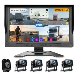 ConewVehicle Truck Backup Camera System with 10.1 inch Monitor for RV Bus Trailer Campe with 4 Rear/Side View 1080P HD Cameras 4 Splits Screen DVR Recording IP69 Waterproof MP5 Music Video Player BSD Avoid Blind