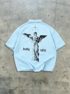Men's Casual Angel Print Short Sleeve Shirt, American High Street Vintage Style, Breathable Jacquard Fabric, Loose Fit, Streetwear Fashion