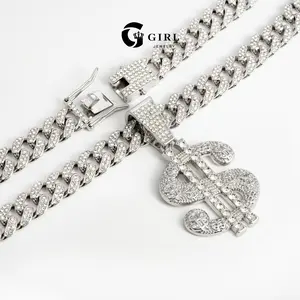 GGIRL 18k Gold Plated Cubic Zircon Cuban Chain Dollar Sign Pendant Neckalce for Men and Teenager Shining Daily Titanium Steel Hip-Hop Necklace Bold Clothing Decor Ideal Gift for Boyfriend Fashion Party Jewelry