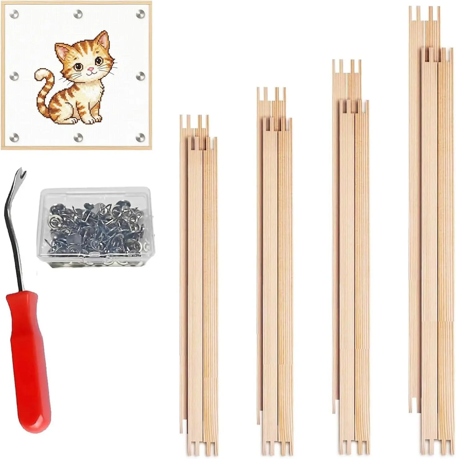 16 Pcs 4 Sets Stretcher Bars for Needlework Canvas Stretcher Bars 10 Different Size Combinations Embroidery Stretcher Bars for Cross Stitch Frame Set with Thumbtack and Remover Tool(Small Size)