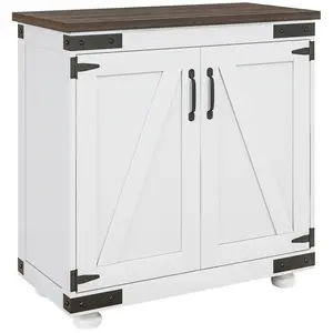 HOMCOM Modern Farmhouse Sideboard, Buffet Cabinet with Barn Style Door and Adjustable Shelf, Kitchen Storage Cabinet with Wood Legs, Distressed White and Brown