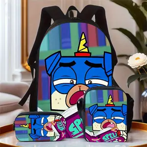 3pcs Funny Animation Style Backpack Set with Adjustable Shoulder Straps, Polyester Lining, Zip Closure, Hand Wash, Suitable for Ages 14+ - with Applique And Print Details for Travel