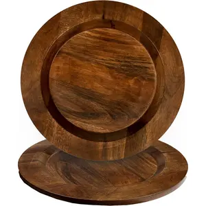 Wooden Chargers Plates Set of 2-13" Serving Dinner Plate for Weddings, Parties, Rustic Table Decor, Indoor Outdoor Dining - Lightweight Round Appetizer Plates (Walnut)