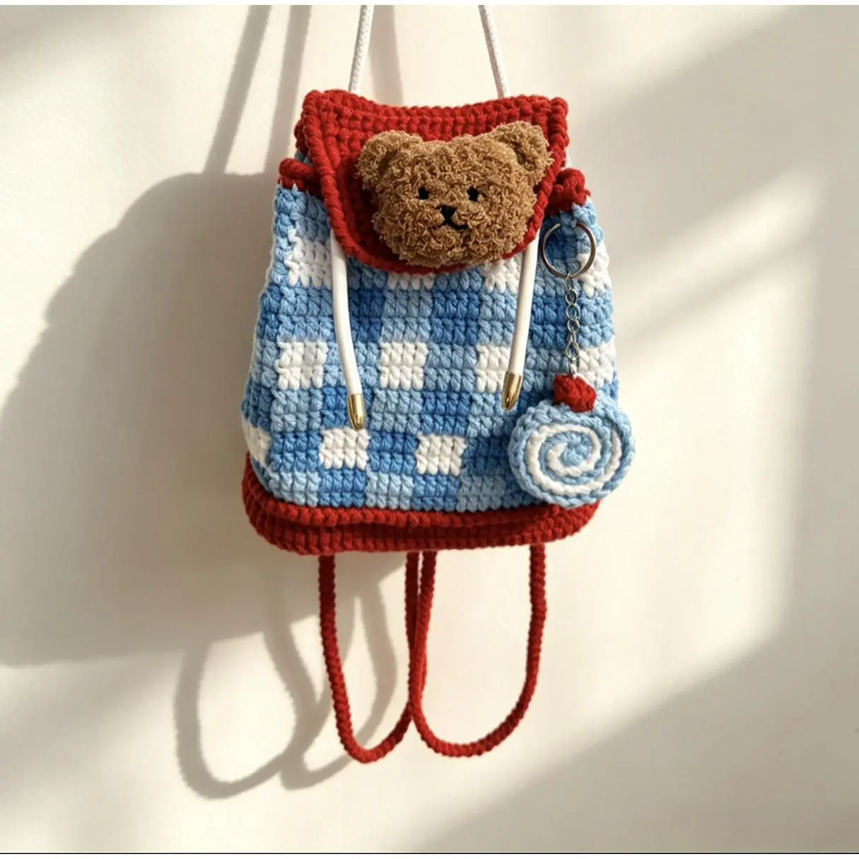 Adorable Crochet Backpack with Bear Design and Blue Checkered Pattern for Kids and Teens