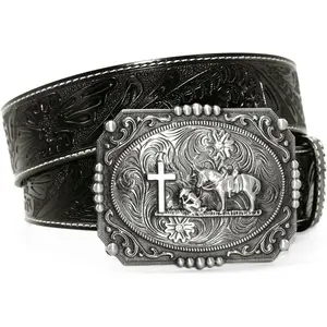Belts With Religion Cross Cowboy Kneeling Prayer Buckle,Genuine Cow Leather,Classic and Retro Pattern Fashion Designs