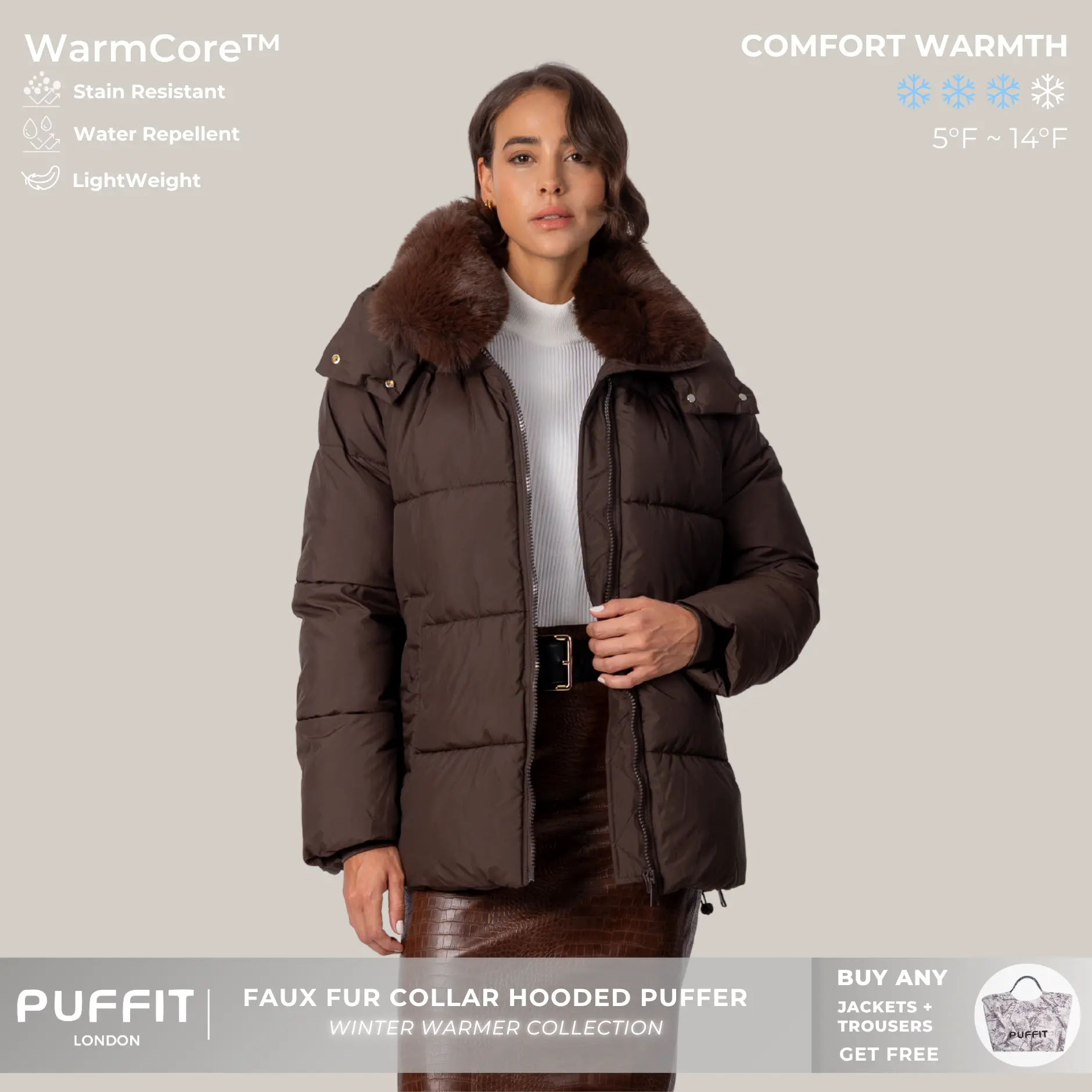 PUFFIT WarmCore Premium Removable Faux Fur Collar Puffer With Detached Hood,Removable Faux Fur Collar,Side Zipper Design,Windproof Sleeves,High-Density High-Twist Fabric,Detachable Hood,Elegant Appearance,Fall,Winter,2026 Shopping